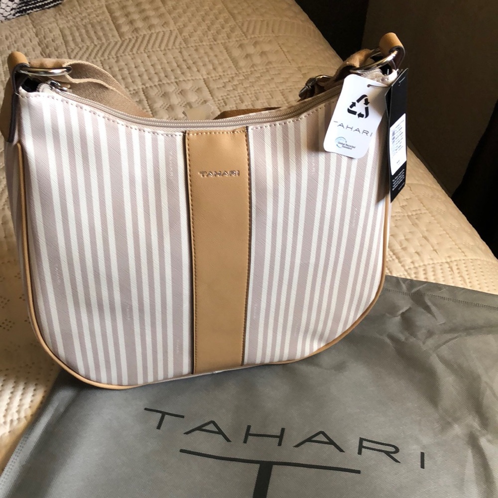 Tahari Logo Hobo sand stripe handbag including grey cover protector.